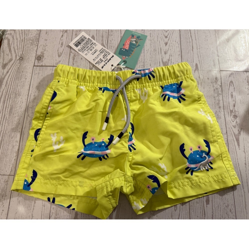 Surf Cuz Swim Shorts 2T Yellow Crab Print Drawstring Elastic Waist Kids